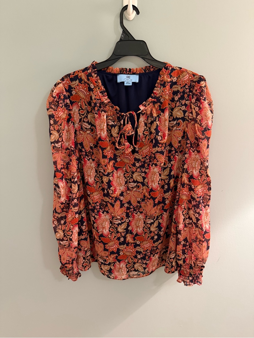 CeCe stunning Navy Floral Tie-Neck Chemise with Orange and Cream gold Blooms